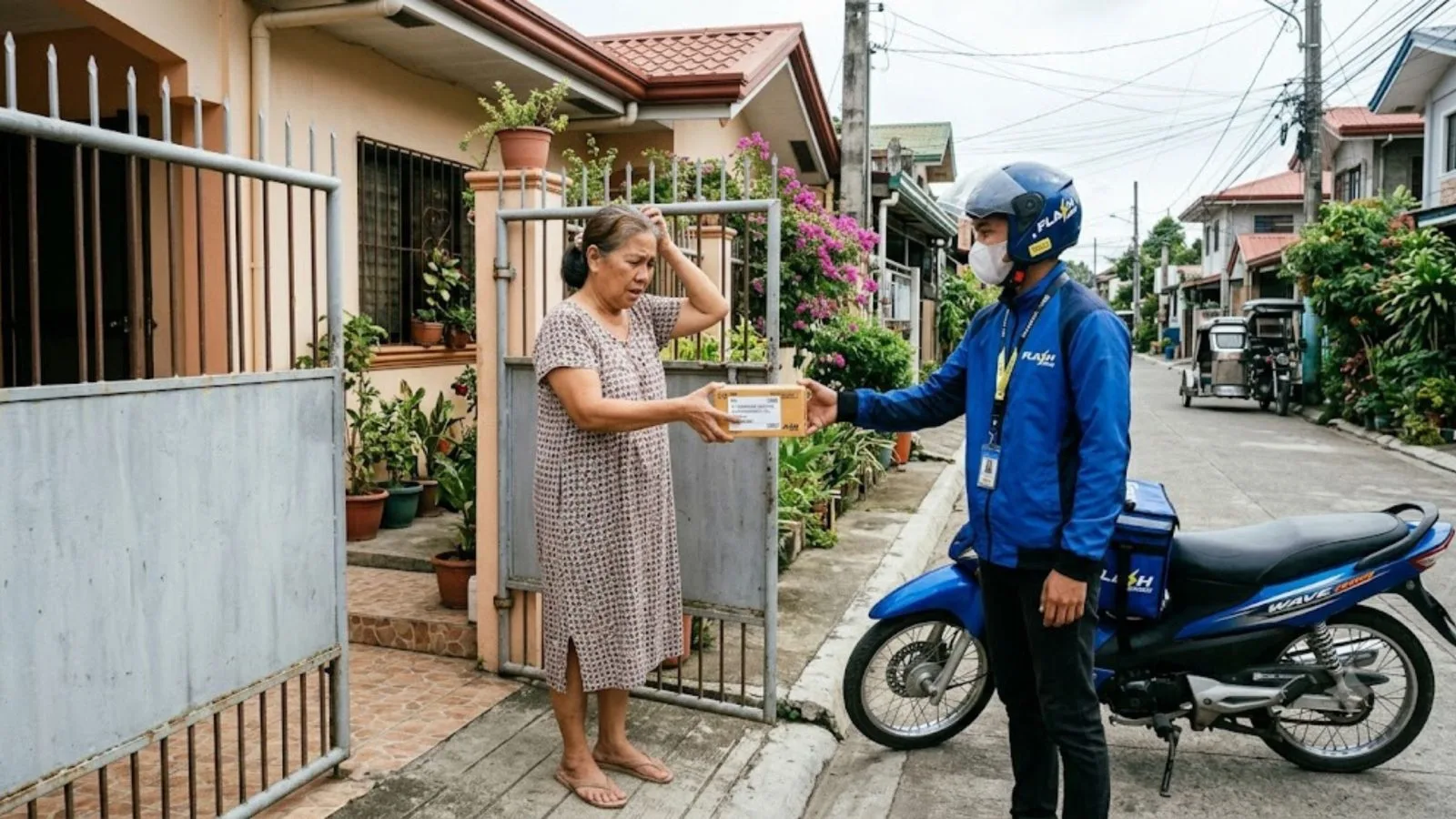 paano maiwasan ang online scam Rider handing over a small parcel to a confused Filipino homeowner